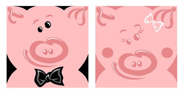 Vector illustration of a cheerful happy face of a pig gentleman in a bow tie and a pig girl with a bow on a pink background - Vector, Imagen