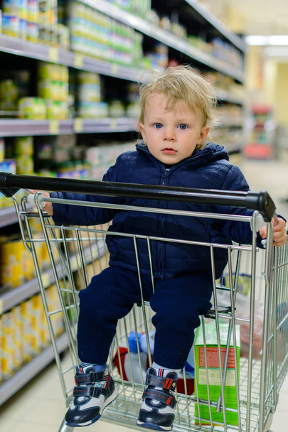 baby sitting in a shopping trolley in a supermarket. family shopping concept, blur background - Фото, изображение