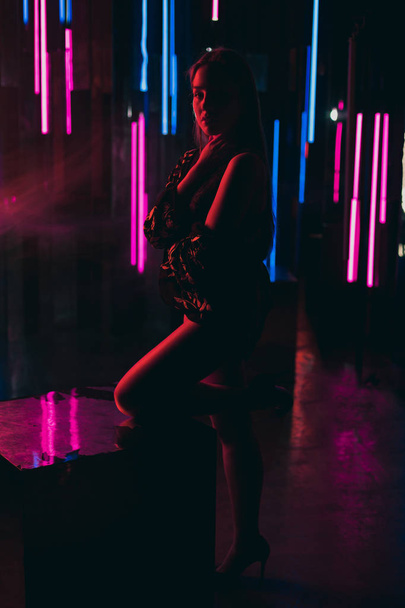 Silhouette of attractive young woman standing against a wall of neon tubes in sexy lingerie and fully openned kimono with naked shoulders - Фото, зображення
