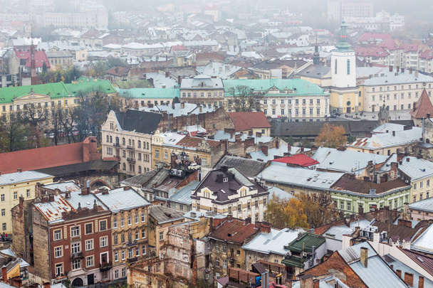 View of the central part of the city of Lviv from the height. Houses and roofs of the old European city - Fotoğraf, Görsel