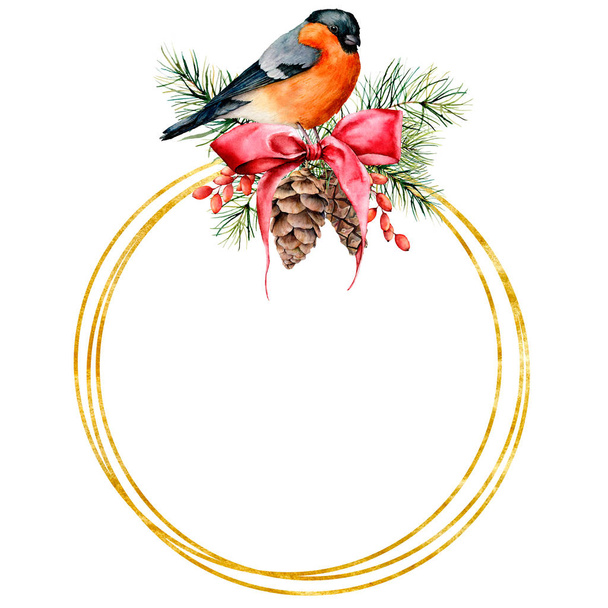 ウソと冬デザイン水彩ゴールデン クリスマス リース。手描きの松ぼっくり、赤いリボン、果実、鳥、白い背景に分離されたモミ枝。デザイン、印刷のホリデー シンボル. - 写真・画像