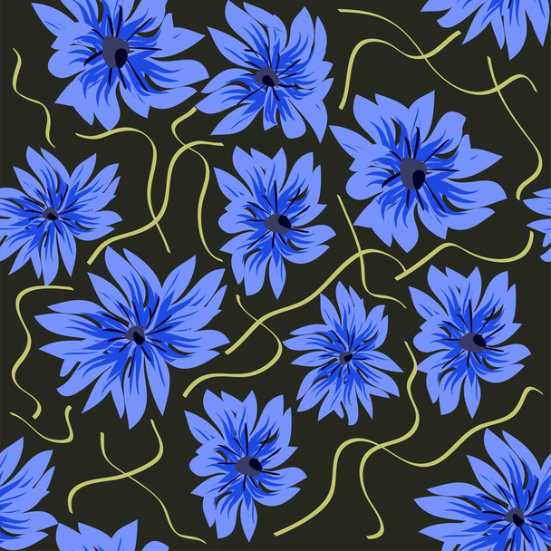Seamless floral pattern. Stylized cornflowers and meadow grasses on dark blue. Hand drawn vector illustration eps 10 - Vector, Image