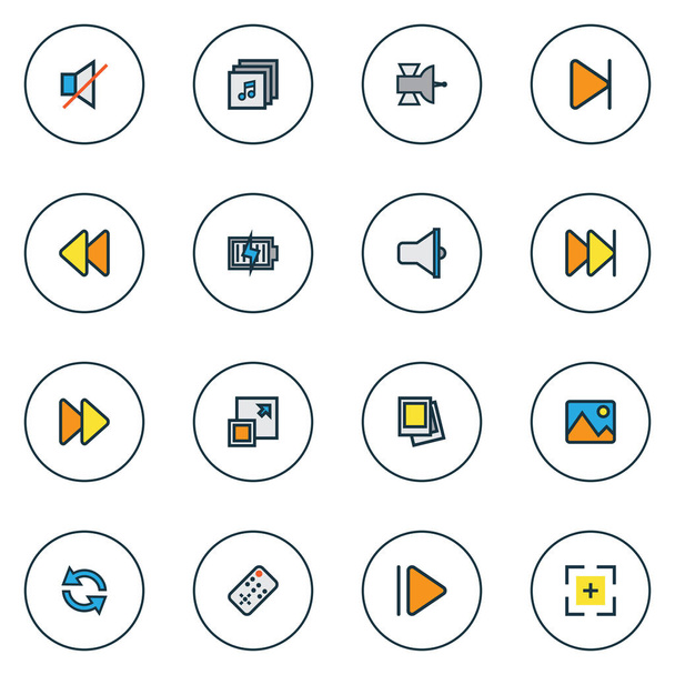 Music icons colored line set with full screen, sync, loudspeaker and other energy elements. Isolated vector illustration music icons. - Vector, Image