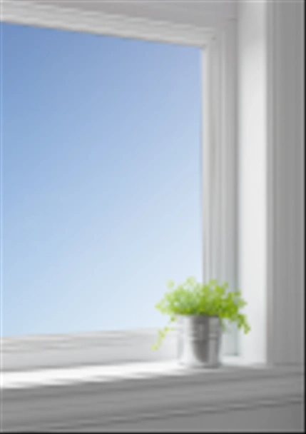 blauwe hemel en groene plant op een vensterbank - Foto, afbeelding
