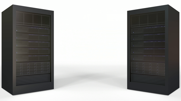 Two server racks against white background, blank space for caption or infographics. Loopable animation - Footage, Video