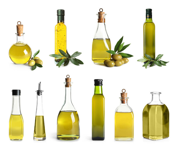 Set with olive oil bottles on white background - Valokuva, kuva