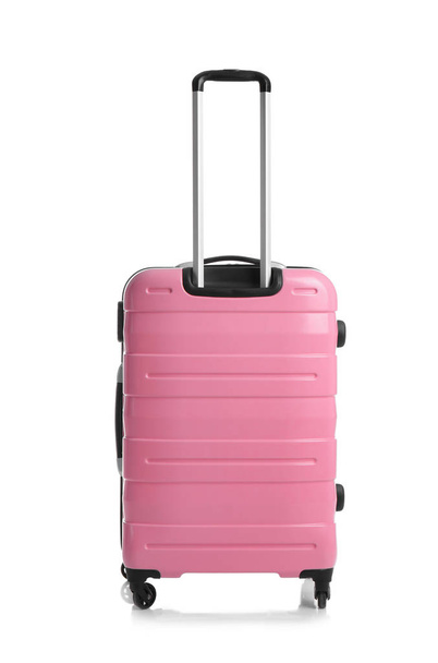 Trendy pink suitcase on white background - Fotoğraf, Görsel