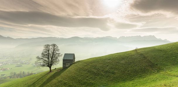 idyllinen ja rauhallinen vuoristomaisema, jossa on syrjäinen puinen lato ja yksinäinen puu nurmikkaalla rinteellä ja upeat näkymät Sveitsin Alppien taakse
 - Valokuva, kuva