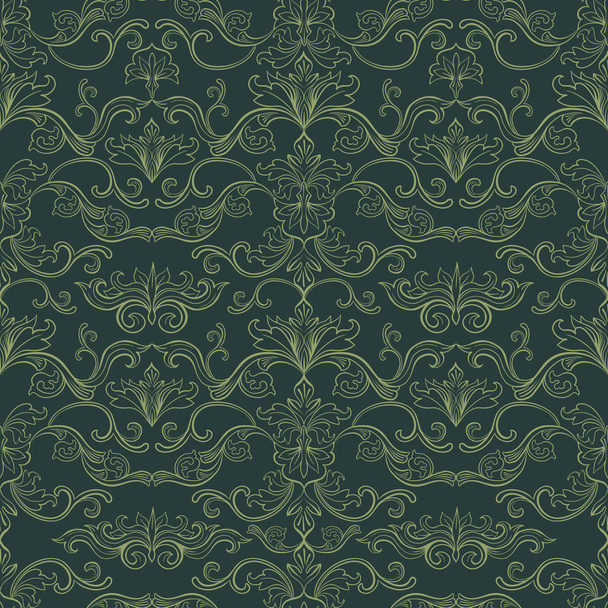 Damask Vector Seamless Pattern. Vintage Style Wallpaper, Carpet or Wrapping Paper Design. Green and Golden Italian Medieval Floral Flourishes, Greek Flowers for Textures. Baroque Leaves - Wektor, obraz