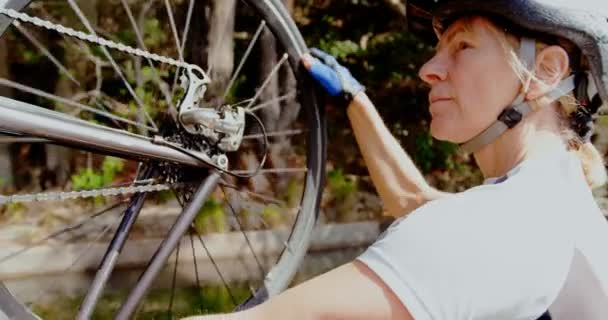 Active senior cyclist checking bicycle at countryside 4k - Séquence, vidéo