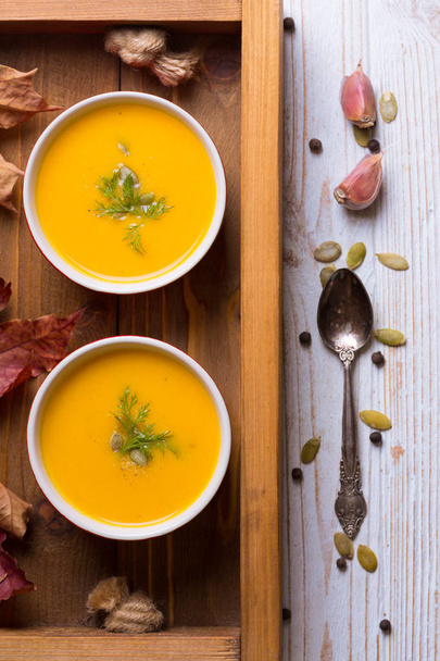 autumn delicious and healthy pumpkin soup crea - Fotoğraf, Görsel
