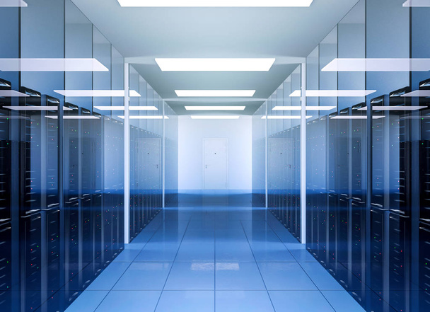 Sieci i internet Technologia komunikacji w centrum danych serwera wnętrze, renderowania 3d - Zdjęcie, obraz