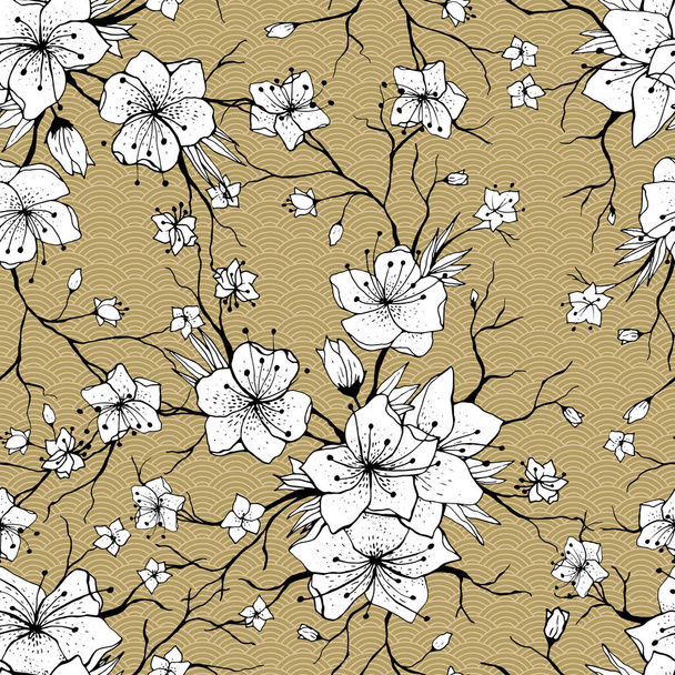 Ιαπωνικά Sakura υποκατάστημα και ανθισμένα λουλούδια. Κλασικό μοτίβο άνευ ραφής, παραδοσιακά κιμονό ύφασμα, ασιατικό ντιζάιν εορταστική με άνοιξη floral, διανυσματικά εικονογράφηση, ανατολίτικο φόντο. Έτοιμο για εκτύπωση. - Διάνυσμα, εικόνα