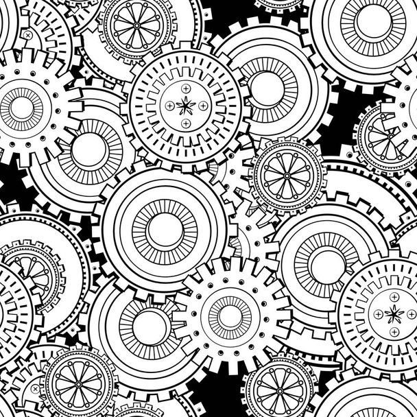 Seamless pattern with gears in the style of steampunk. Black and white pattern for coloring book for kids and adults. Vector illustration. - Vector, Image
