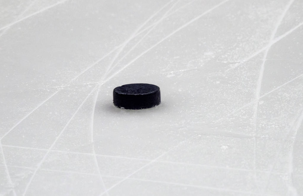 Puck on ice hockey rink surface, sport background - Photo, Image