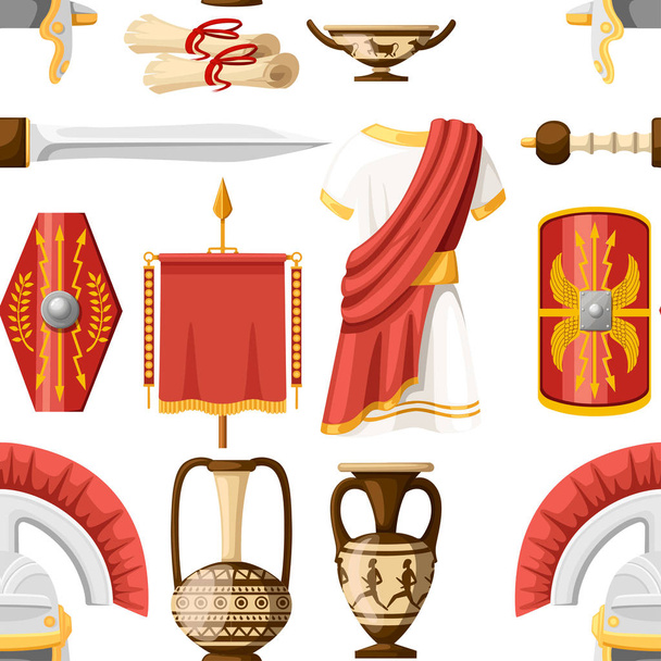 Seamless pattern. Collection of ancient Roman icons. Clothes, gladius, scutum, scrolls and ceramic tableware. Flat vector illustrator isolated on white background. - Διάνυσμα, εικόνα