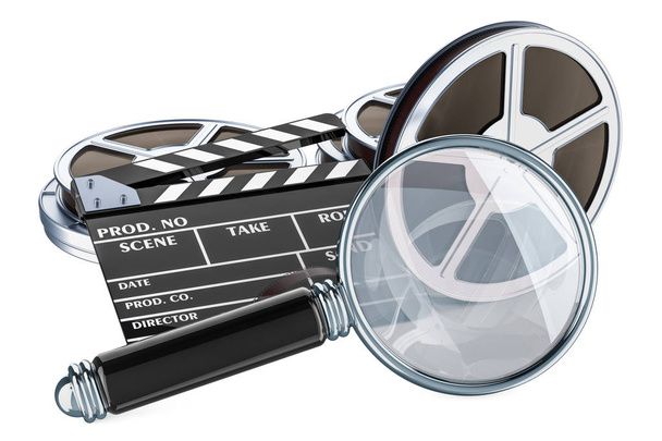 Magnifying glass with clapperboard and film reels. 3D rendering isolated on white background - Valokuva, kuva