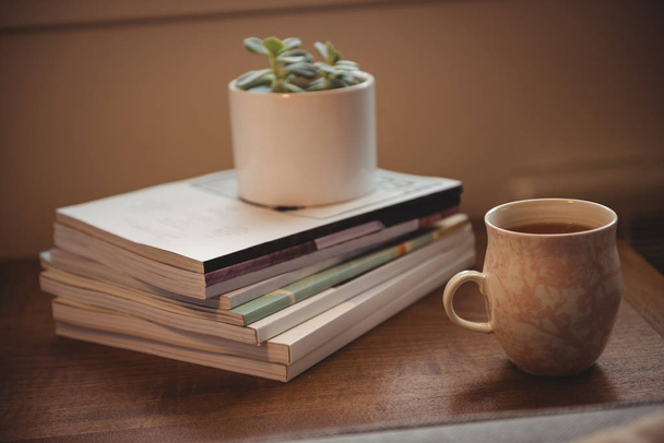 Taza de té y planta de la casa en la pila de libros en la mesa en la sala de estar en casa
 - Foto, Imagen