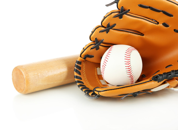 Baseball glove, bat and ball isolated on white - Foto, afbeelding