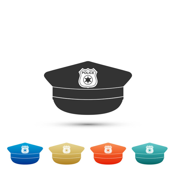 Gorra de policía con icono de escarapela aislado sobre fondo blanco. Señal de sombrero de policía. Establecer elementos en iconos de colores. Diseño plano. Ilustración vectorial
 - Vector, Imagen