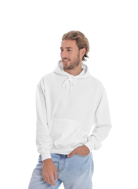 Portrait of man in hoodie sweater on white background. Space for design - Φωτογραφία, εικόνα