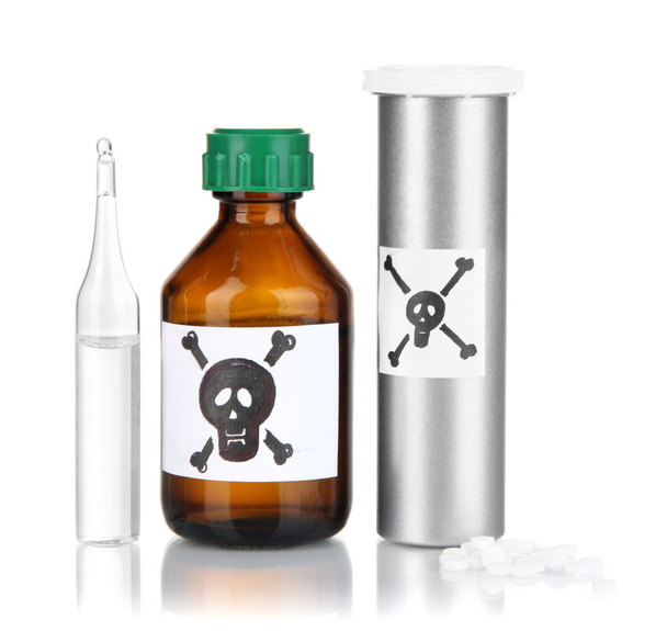 Deadly poison in bottles isolated on white - Φωτογραφία, εικόνα