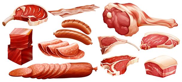 Zestaw ilustracji różnych mięs - Wektor, obraz