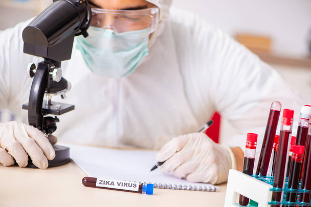 Asistente de laboratorio joven guapo analizando muestras de sangre en el hospital
  - Foto, Imagen