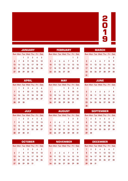 Κόκκινο 2019 Ελληνικά ημερολόγιο. Εικονογράφηση διάνυσμα με κενό διάστημα για σας περιεχόμενο. Όλα τα στοιχεία ταξινομούνται και ομαδοποιούνται σε στρώματα για εύκολη έκδοση. Πορτρέτο εκτυπώσιμη έκδοση - Διάνυσμα, εικόνα