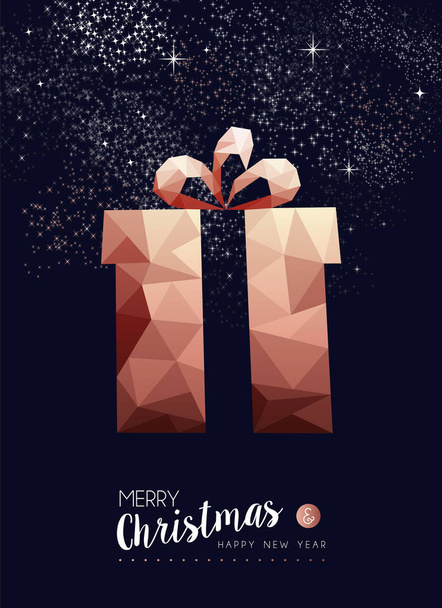 Joyeux Noël et bonne année boîte cadeau en cuivre fantaisie dans le triangle hipster bas style poly. Idéal pour carte de vœux de Noël ou invitation de fête élégante
.  - Vecteur, image