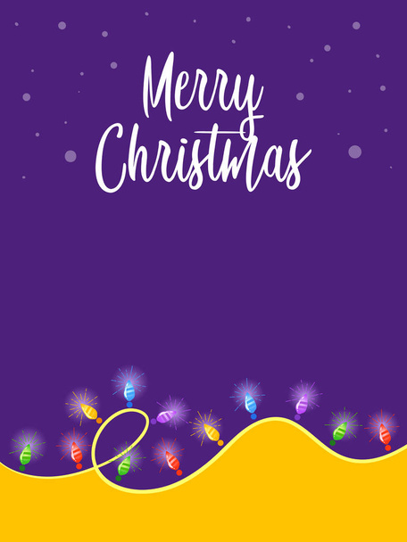 Merry Christmas greetings with colorful lights bulbs on purple background, vector illustration - Vecteur, image