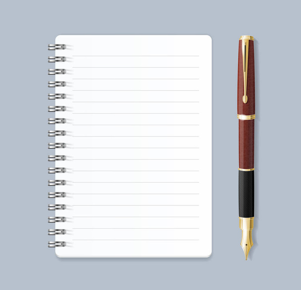 Realistic 3d Detailed Notebook Lined Spiral and Pen. Vector - Vetor, Imagem