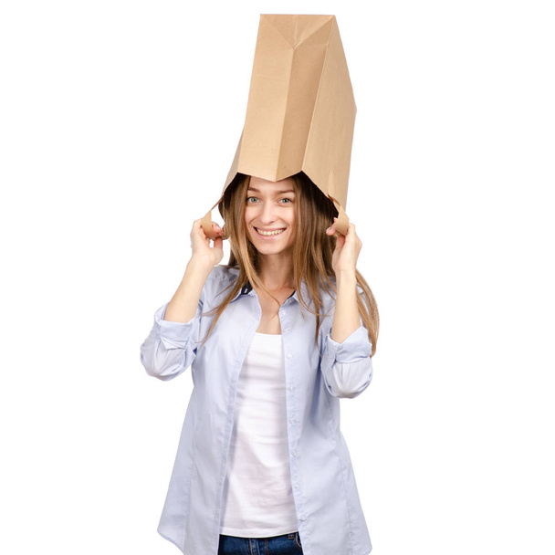 Woman with paper bag on the head - Zdjęcie, obraz