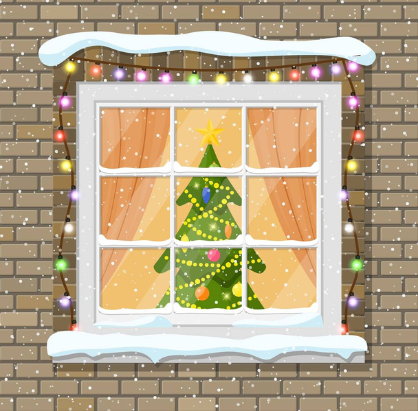 Χριστούγεννα παράθυρο στον τοίχο από τούβλα. - Διάνυσμα, εικόνα