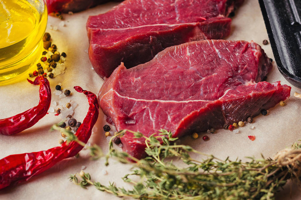 Fresh raw beef meat steak slices with spices and olive oil ready for cooking - Fotoğraf, Görsel