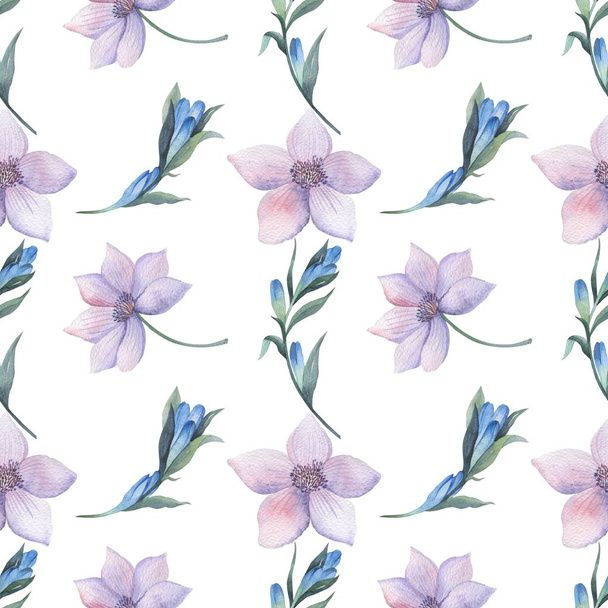Floral pattern in watercolor style. Beautiful seamless pattern with blackberries, flowers and gentian. Can be used as a background template for Wallpaper, printing on fabrics. - Фото, изображение