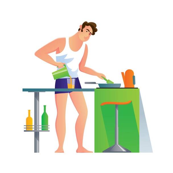 Young man, male character, prepares meal and pours himself juice. - Vector, Image