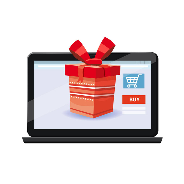 Mobile Online Store concept. Laptop, noteebook. Holiday red gift box. Vector illustration business design. Electronic online shop market. Digital marketing. Poster, baner, template - Vector, Image