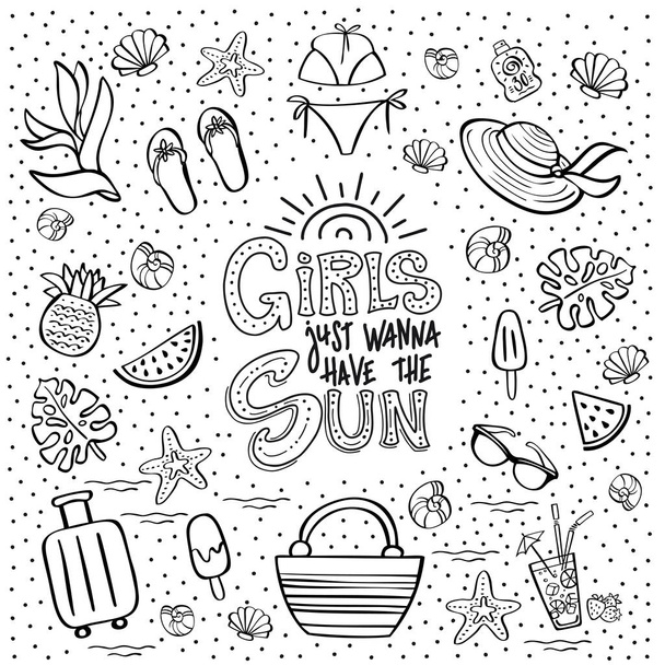 Hand lettering phrase Girls Just Wanna Have the Sun and summer vacation clip art. Vector illustration for a travel agency, summer party, beach festival. Can be used for invitation card, t-shirt, poster - Vettoriali, immagini