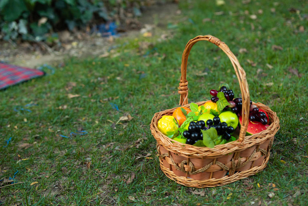 Cesta de frutas frescas na grama verde, cesta de frutas no jardim
  - Foto, Imagem