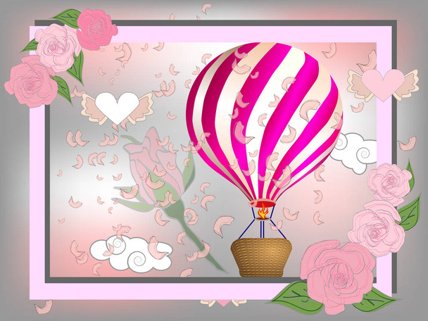 Luchtballon met rozen in de mand en lint met handtekening ik hou van je Valentijnsdag illustratie - Vector, afbeelding