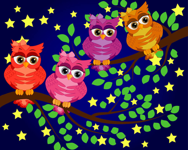Good Night and Sweet dreams.Night scene with moon,stars and owl.Owl on the branch.Moon made from stars.Nature. - Vector, afbeelding