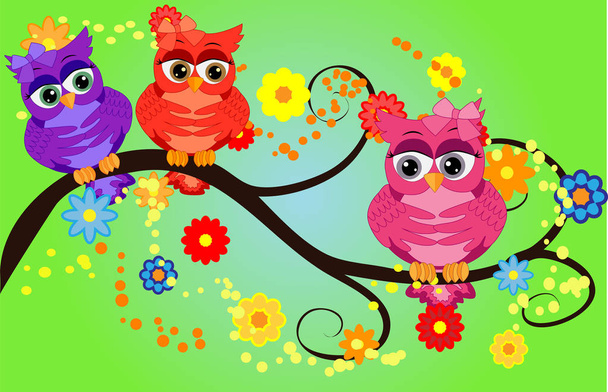 Cute multi-colored owls on a flowering branch of a tree. Spring, summer, postcard, holiday - Vektor, Bild