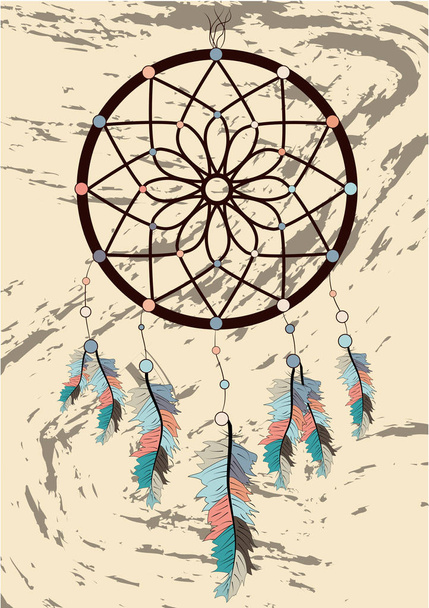 Magic symbol dreamcatcher with gemstones and feathers. - Vetor, Imagem