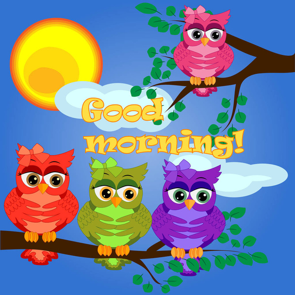 Bir ağaç dalı sabah uykulu bir baykuş, Güneş parlıyor ve gülümsüyor. Yazıt Günaydın. Sabah, Kahvaltı - Vektör, Görsel
