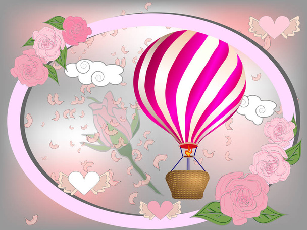 Air balloon with roses in the basket and ribbon with signature I really love you Valentines day illustration - Vektör, Görsel