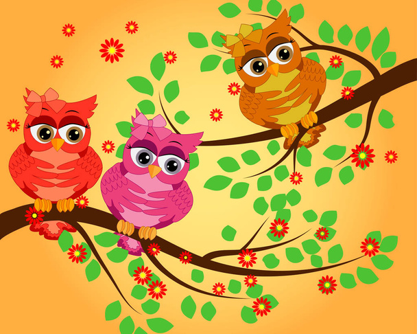 Funny owls on branch in flowers. Spring concept. Bright illustration, summer wallpaper - Διάνυσμα, εικόνα