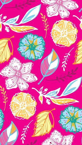 Kwiatowy kwiecisty doodle wzór tła - liście i kwiaty, tkaniny, Tapety - Wektor, obraz