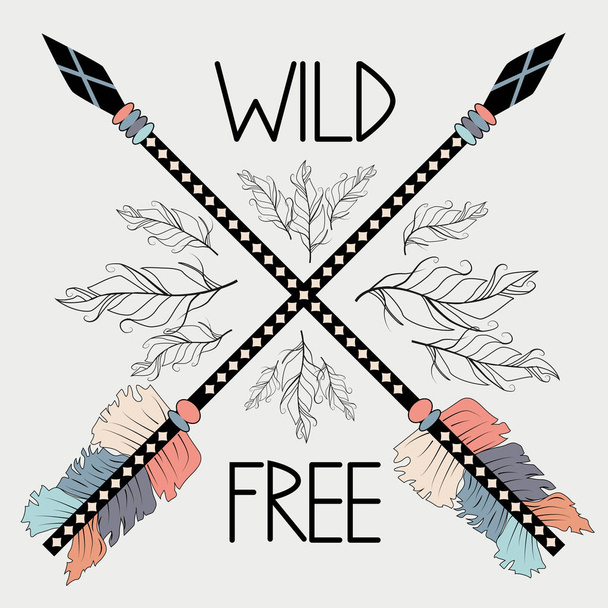 colorful illustration with crossed ethnic arrows, feathers and tribal ornament. Boho and hippie style. American indian motifs. Wild and Free poster. - Διάνυσμα, εικόνα