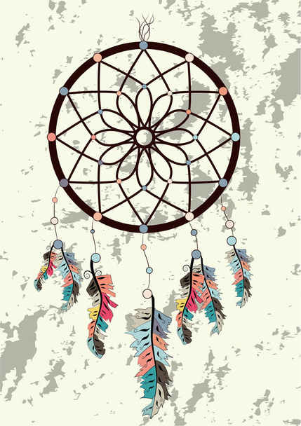 Illustration with hand drawn dream catcher. Feathers and beads. Doodle drawing. - Vector, afbeelding